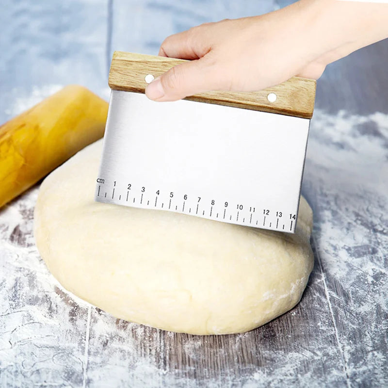 Elevate Your Baking Experience with the Stainless Steel Dough Scraper - Non-Slip Wooden Handle & Measuring Scales