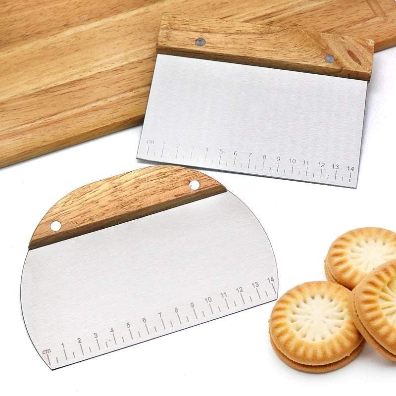 Elevate Your Baking Experience with the Stainless Steel Dough Scraper - Non-Slip Wooden Handle & Measuring Scales