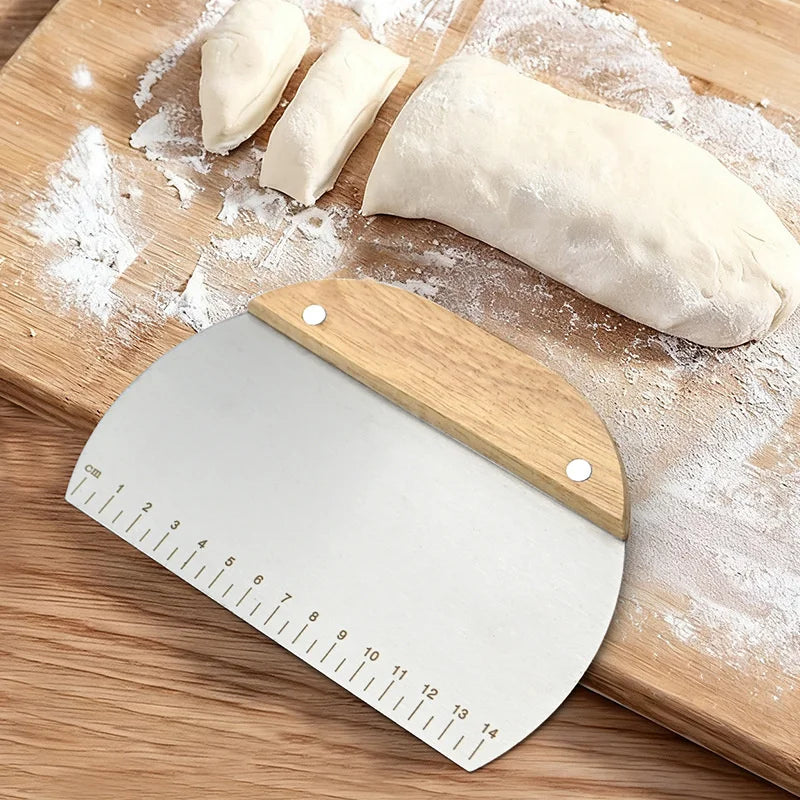 Elevate Your Baking Experience with the Stainless Steel Dough Scraper - Non-Slip Wooden Handle & Measuring Scales