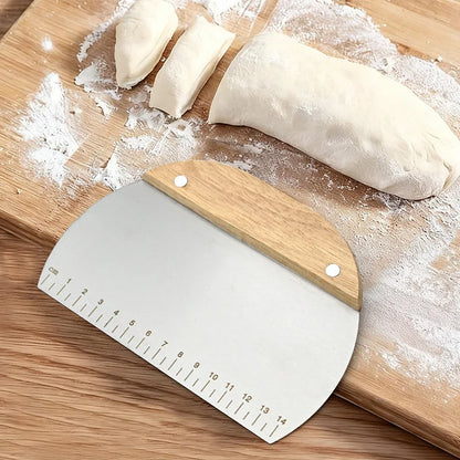 Elevate Your Baking Experience with the Stainless Steel Dough Scraper - Non-Slip Wooden Handle & Measuring Scales