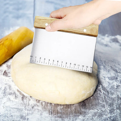 Elevate Your Baking Experience with the Stainless Steel Dough Scraper - Non-Slip Wooden Handle & Measuring Scales