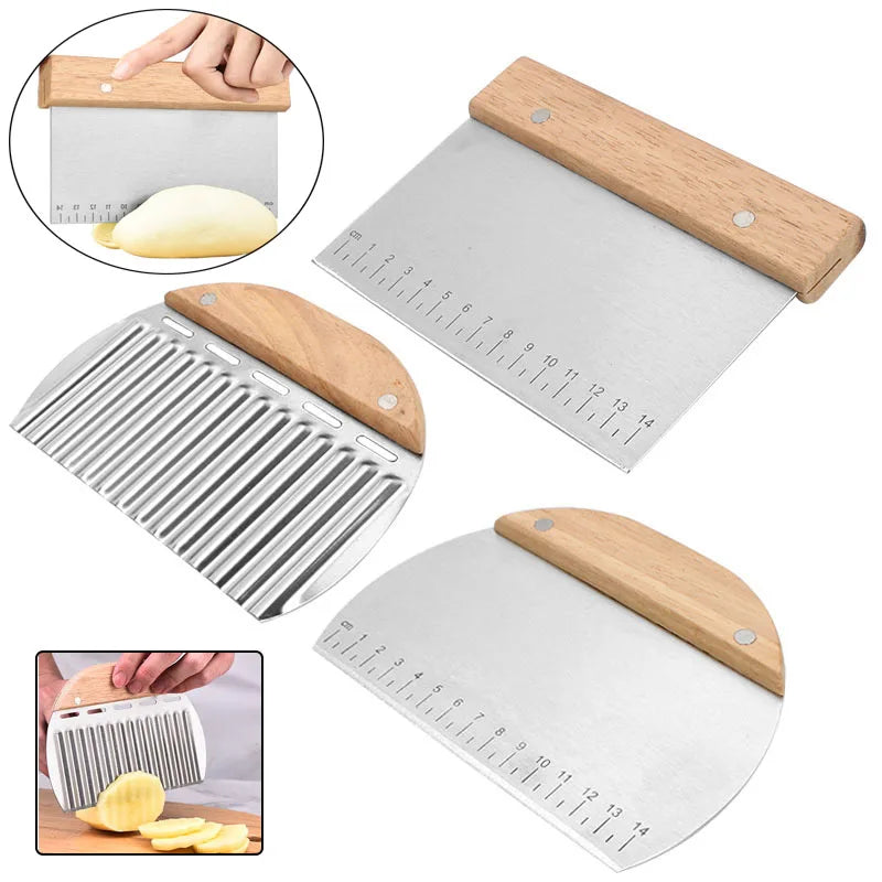 Elevate Your Baking Experience with the Stainless Steel Dough Scraper - Non-Slip Wooden Handle & Measuring Scales