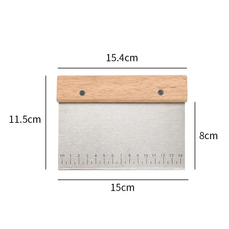 Elevate Your Baking Experience with the Stainless Steel Dough Scraper - Non-Slip Wooden Handle & Measuring Scales
